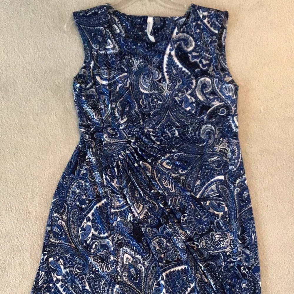 NY Collection, Size L, faux wrap, blue paisley, sleeveless dress.